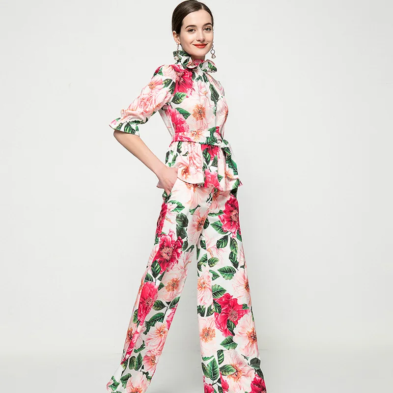 

Women designer big floral chiffon tops ruffles sashes blouses + wide leg full length long pants suit pink two piece outfits