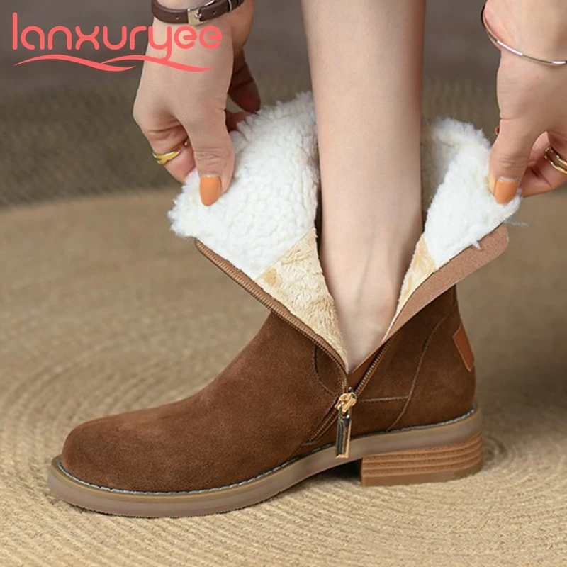 

Lanxuryee basic snow boots breathable cow suede vitality round toe winter keep warm Rome med heels leisure zip ankle boots l81