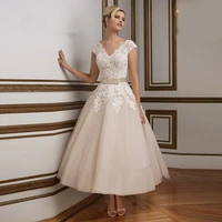 vestido de noiva curto vintage tea length wedding dresses 2020 champagne white lace bridal dress gowns princess short cap sleeve