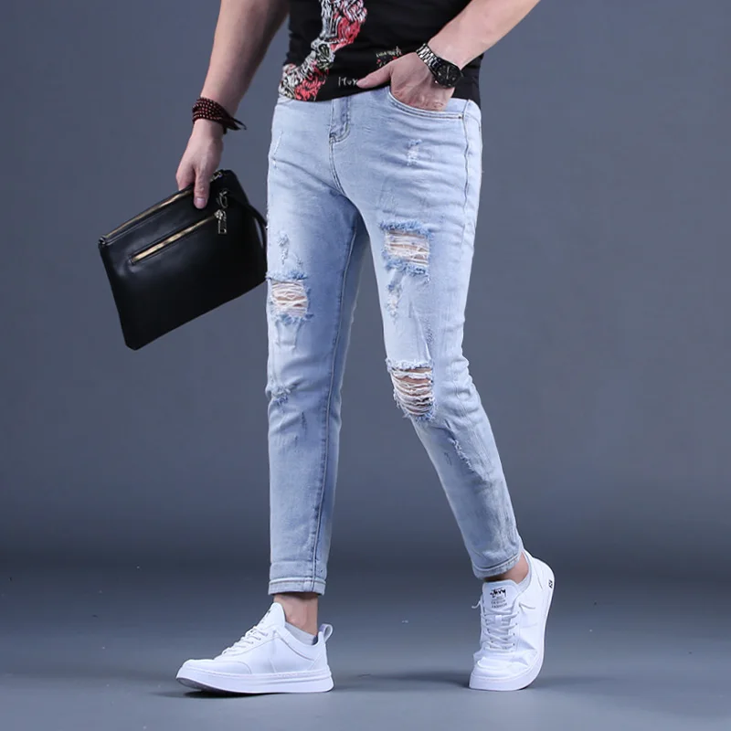 New Men's Ripped Jeans Summer Casual Light Blue Cotton Denim Pants Male Streetwear Holes Slim Fit Trousers