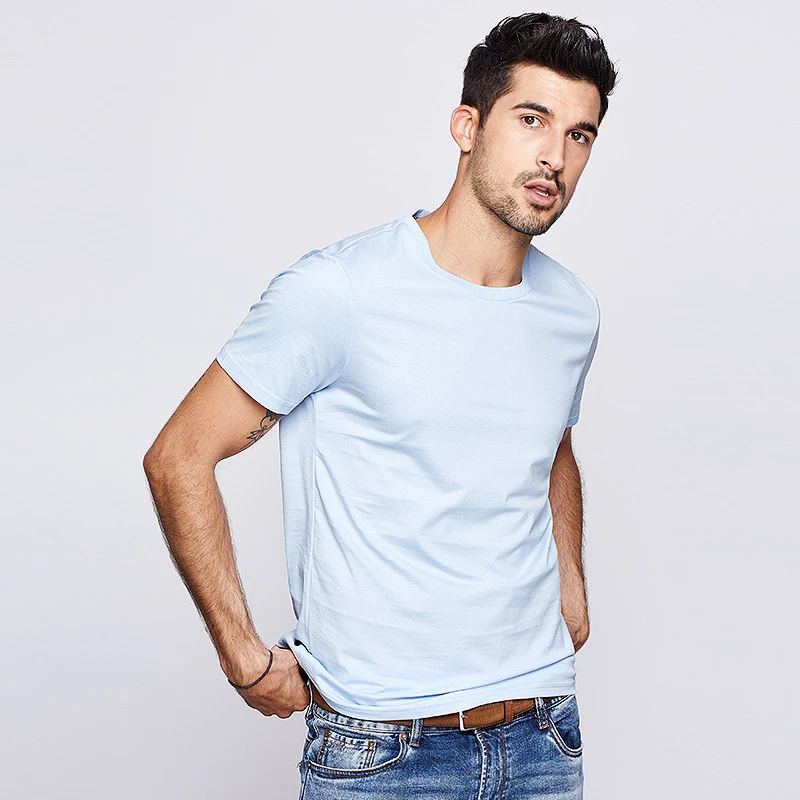 Light Blue KUEGOU Лето хлопок Простая белая футболка мужская футболка брендовая Футболка короткий рукав Футболка модная одежда размера плюс 396 - Цвет: Light Blue