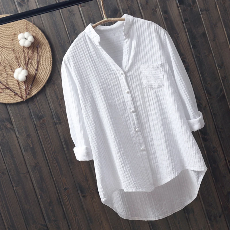 Женская хлопковая рубашка с длинным рукавом Повседневная белая блузка V образным