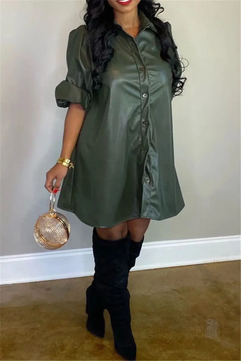 

New PU leather women's dress solid color long-sleeved shirt skirt fashion women shirt dress