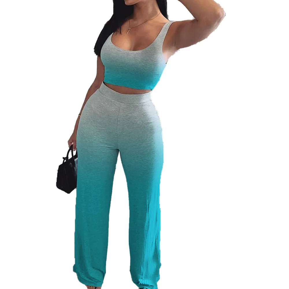 

Plus Size Gradient Two Piece Set Tracksuit Women Bandage Tank Crop Top and Loose Wide Leg Sweatpant Jogger Autumn 2 Piece Outfit