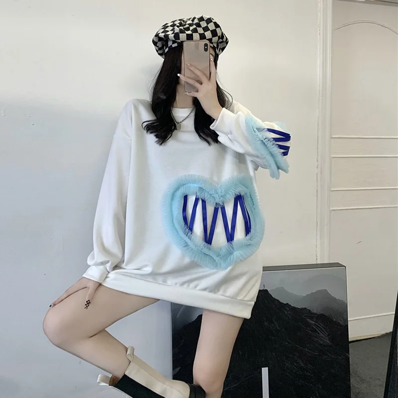 

Kawaii Girl Oversized Sweatshirt Pull Femme Autumn Korean Style Design Love Lace Women'S Clothing Loose Long Sleeve Pullover Top