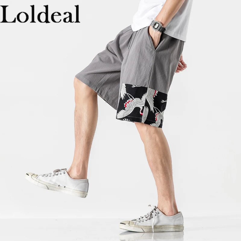 

Loldeal Chinese Style Shorts Chino Men Straight Stitching Flying Crane Printed Linen Comfortable
