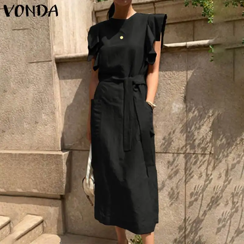 VONDA летние платья без рукавов с оборками Макси длинное платье поясом 2021 для