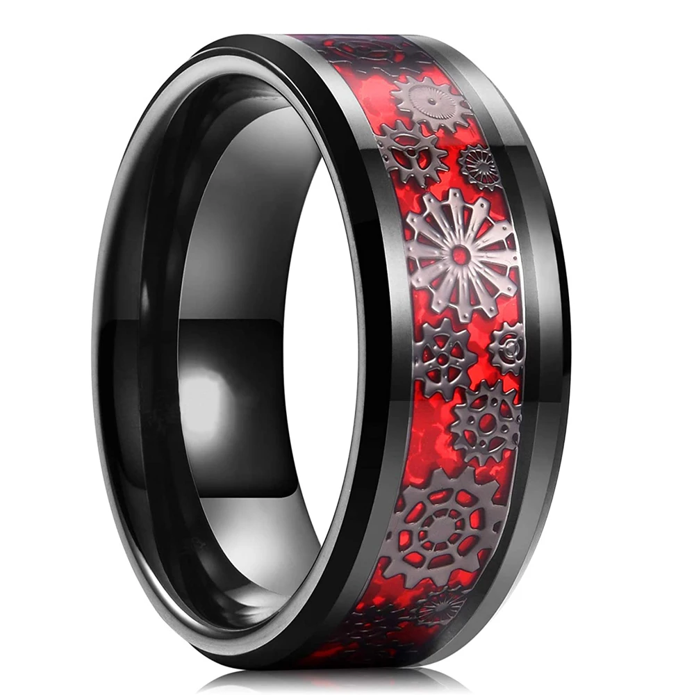 

Men's Steampunk Gold Gear Wheel Stainless Steel Ring Dragon Inlay Red Blue Carbon Fiber Ring Gothic Mens Wedding Band Size 6-13