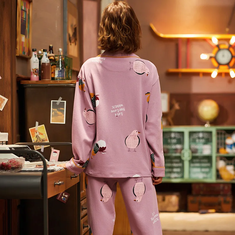 

Kawaii Pink Little Animals Pajamas Lapel Long Sleeve Casual Homewear Loose Oversized Sleepwear Winter Women Cotton Pajamas Set