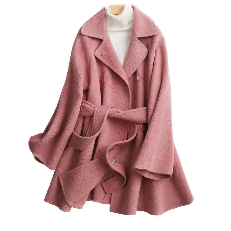 

double-sided 100% cashmere Wool wine red coat female thick belt loose high-end outlet wholesale mid long Korean pink wool coat