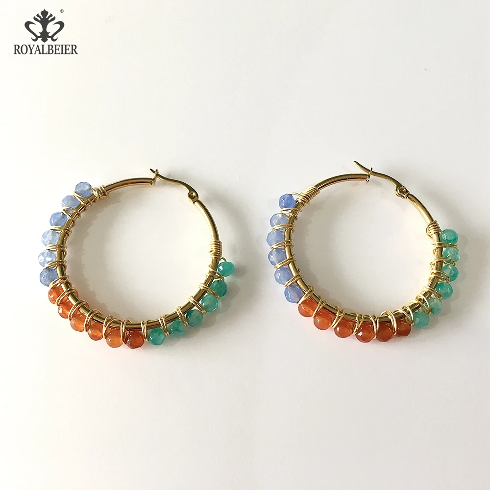 

Women Fashion Handmade Bohemian Natural Stone Hoop Earring Woman Rainbow Round Jewelry Earrings Match Summer Beach Boho Dress