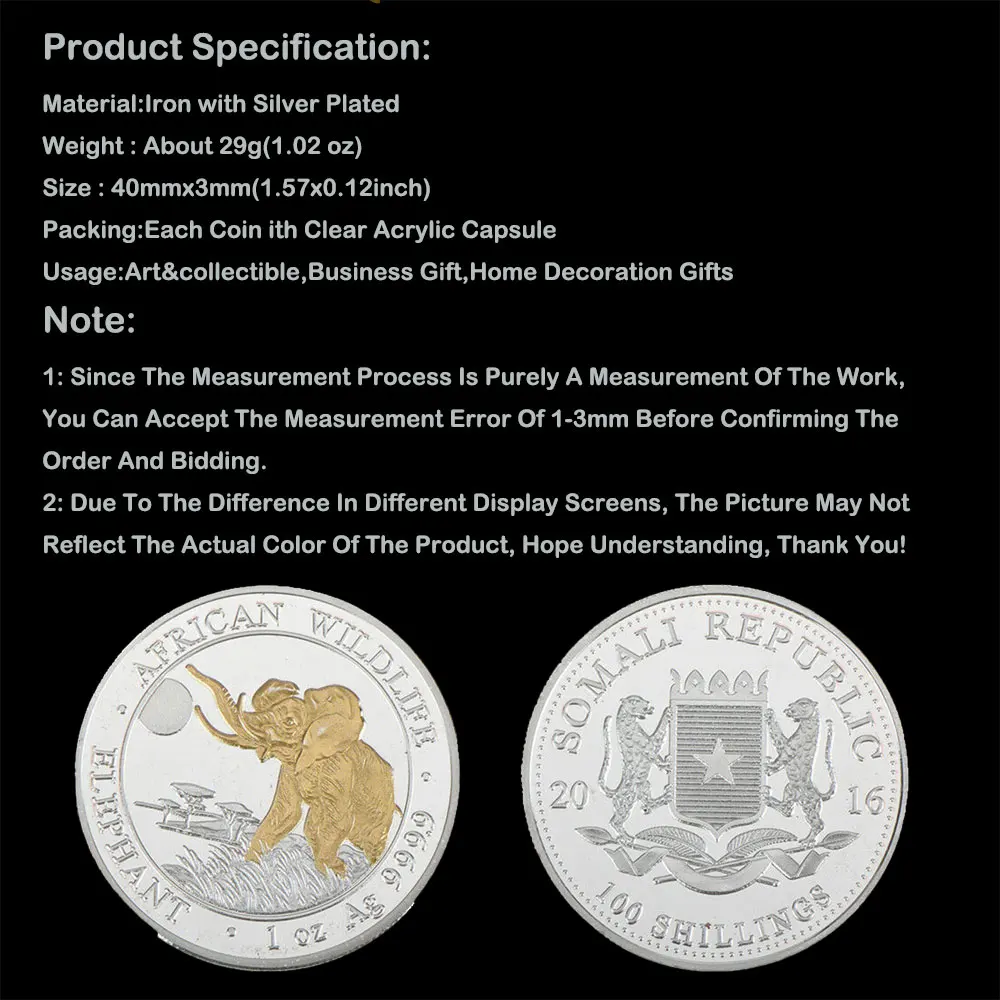 

Gold Silver Somali Wildlife Elephant Animal Coins Souvenirs Medal Collectible Coin Antique Gift