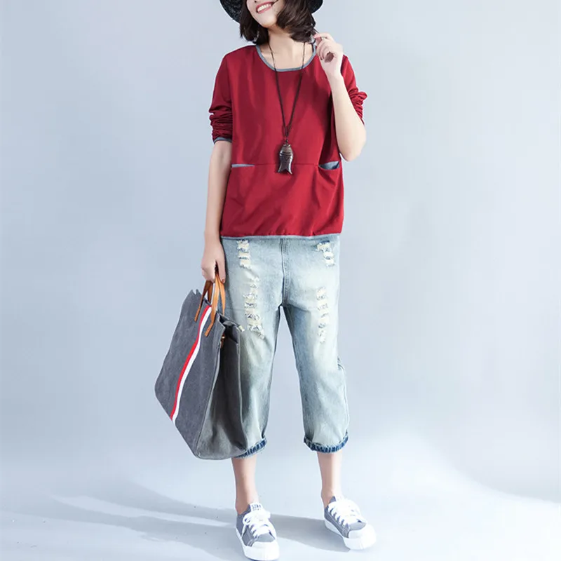 Johnature Autumn Winter New Solid Color O-neck Pullover Loose Women Hoodies Tops 2019 4 Colors Patchwork Casual Sweatshirts | Женская