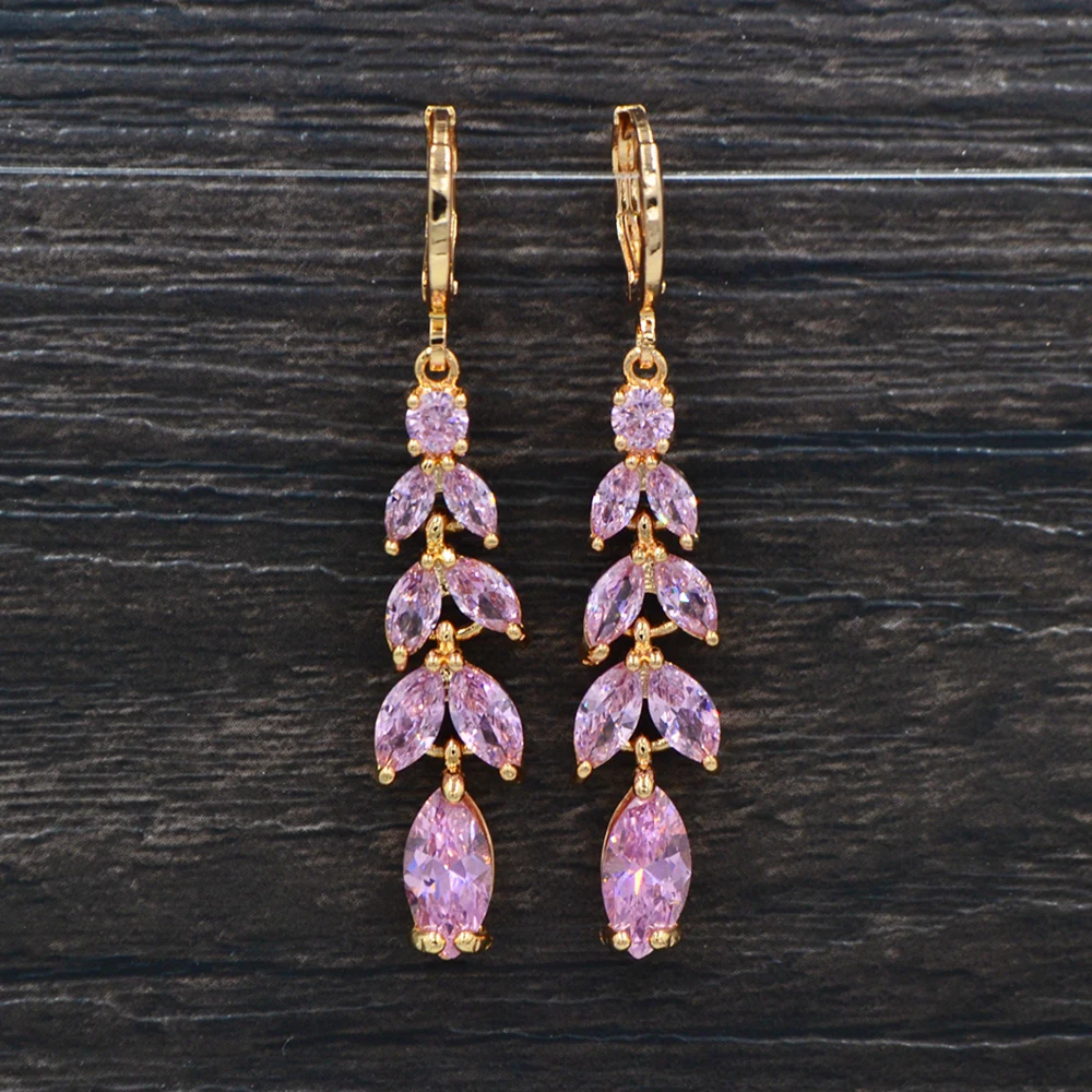 Модные женские роскошные серьги золотого цвета с милыми розовыми фианитами и