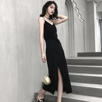 ladies casual solid color dress 2021 summer new fashion black suspender skirt v neck sexy long skirt