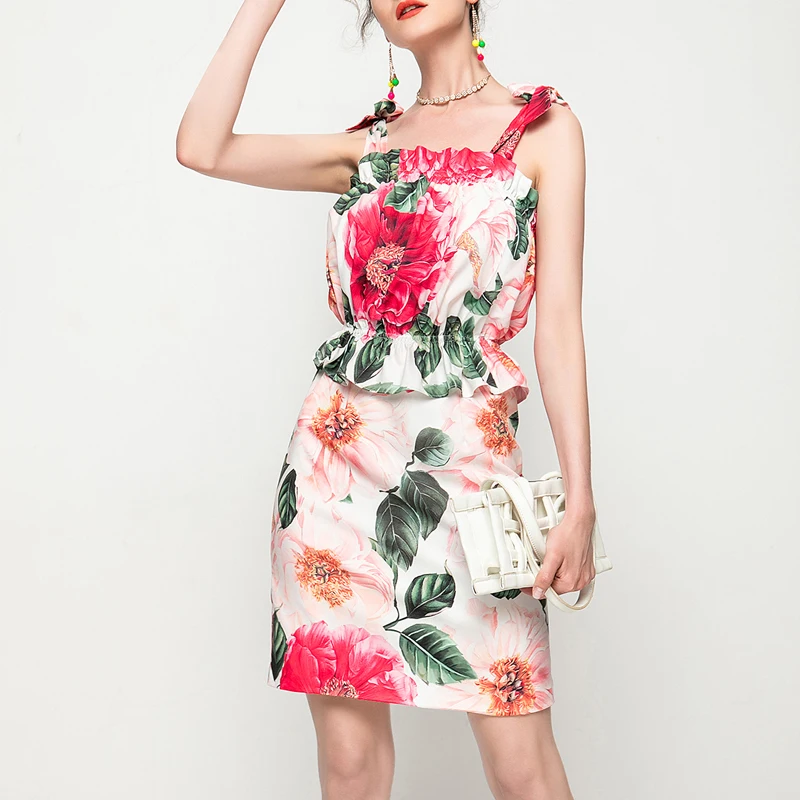 

2021 Summer New Style Bohemian Retro Print Bow Sexy Strapless Stretch Slim Fit Ruffle Sling Dress High Quality Women'S Clothing