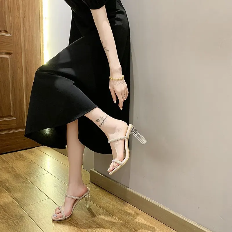 Мюли женские прозрачные на каблуке модные туфли-стразы хрустальные крутые мюли