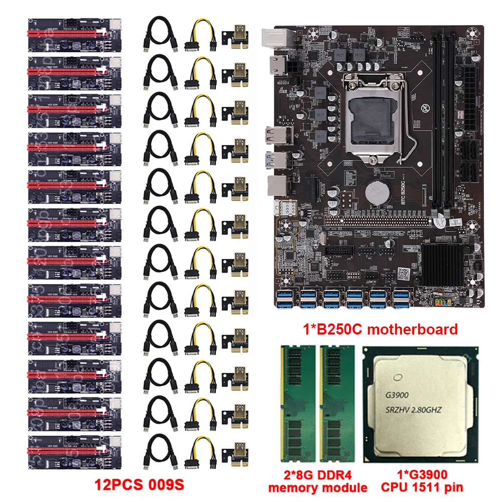 

Материнская плата для майнинга B250C BTC 12P + процессор G3900 + память 2x DDR4 8 ГБ + комплект адаптера 12x009S для LGA 1151 USB3.0, для настольного компьютера, SATA ...
