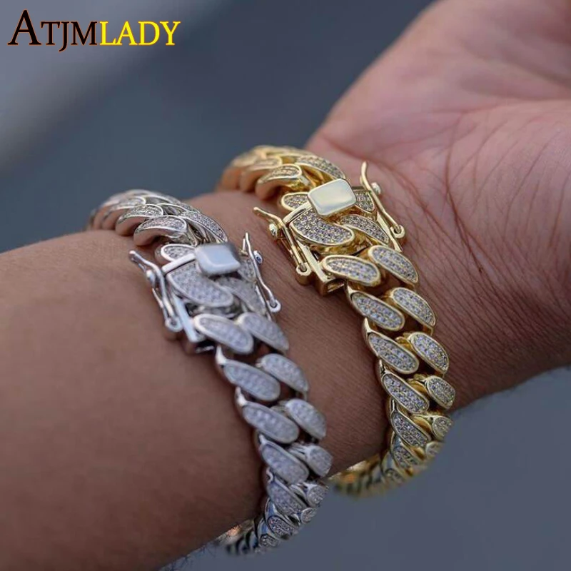 

2022 Women Men's Chunky Iced Out Bling Hiphop Sparking Pave 5A Cubic Zirconia 18mm Width Miami Cuban Link Chain CZ Bracelet