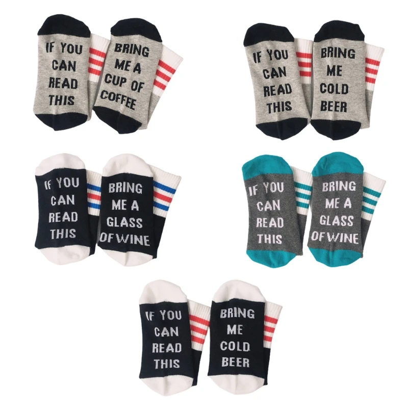 

New Men Women Novelty Funny Sayings Crew Socks If You Can Read This Bring Me Coffee Cold Beer Wine Letters Ribbed Striped