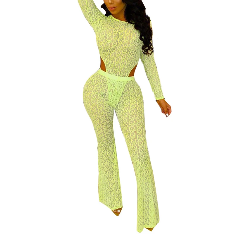 

VICABO Women Set Summer 2020 Sexy Mesh Printed Bodysuit and Wide Leg Pants 2 pieces Set Clothes for Women