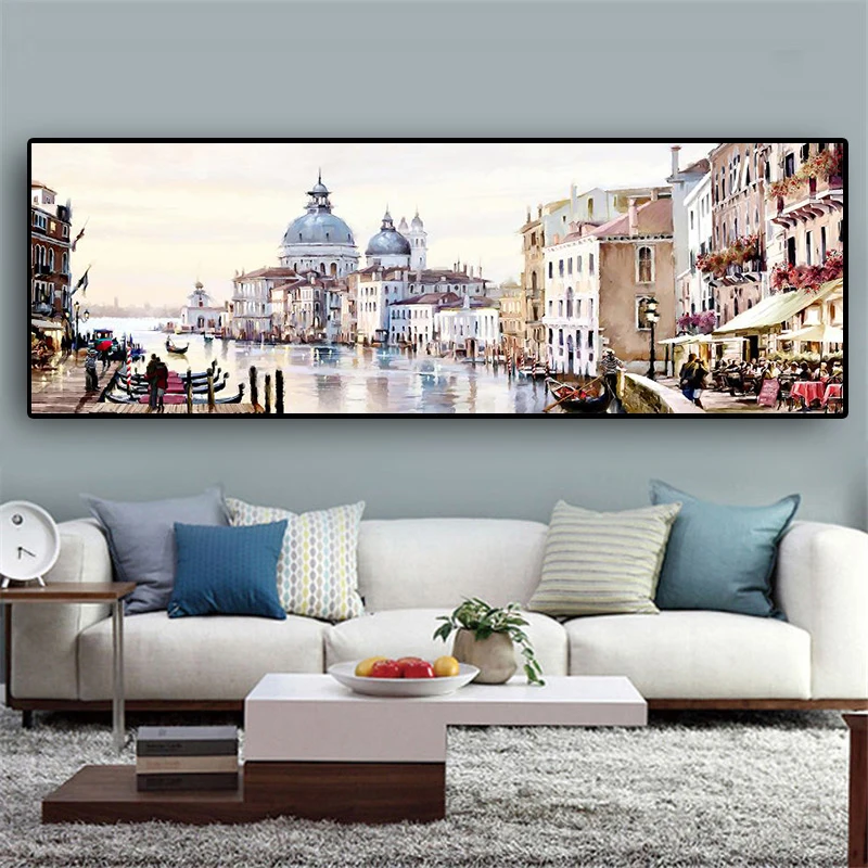 Панорамная Картина на холсте с изображением улицы в европейском городе