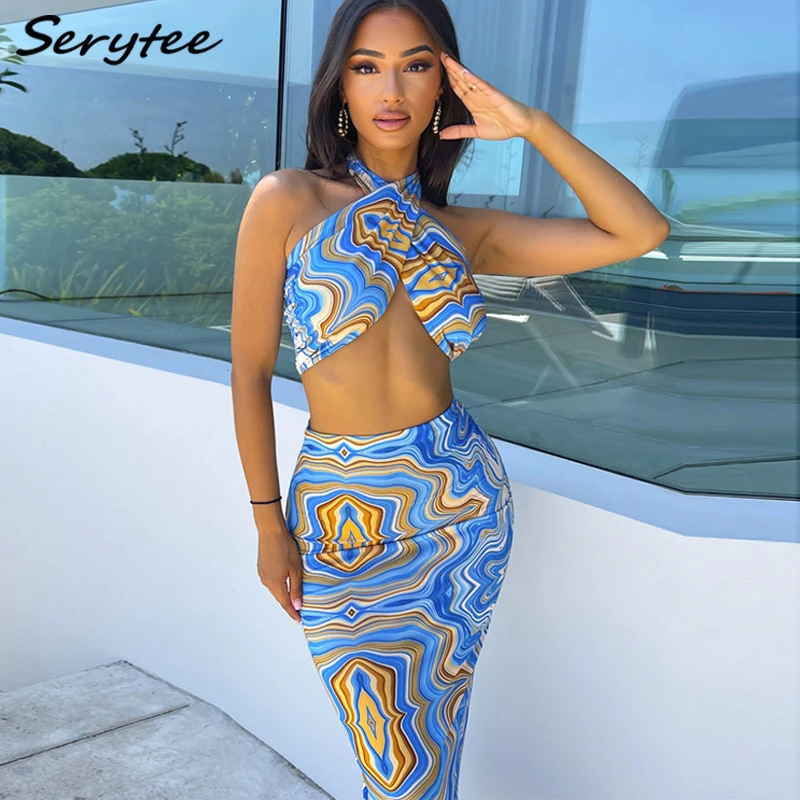 

Serytee Print Sexy Halter Crop Tops And Bodycon Long Skirt Women Two Piece Set 2021 Summer Beach Party Outfits Matching Set