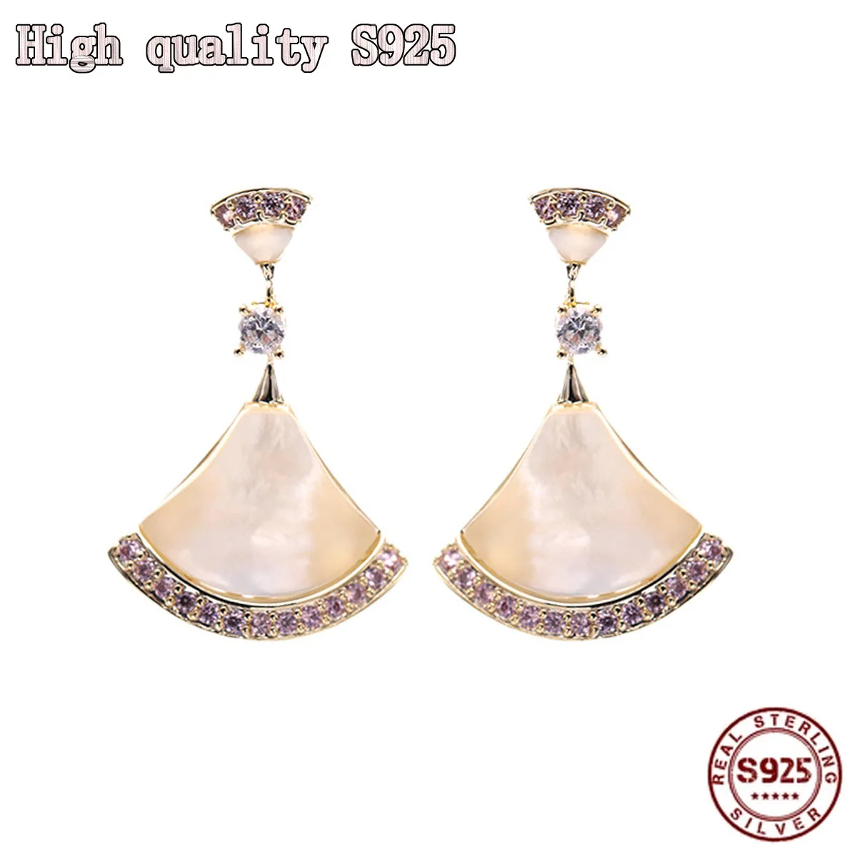 

High Quality White Fritillaria Skirt Sweet Temperament S925 Silver Needle Sector Earrings Simple Crystal Lady Earrings