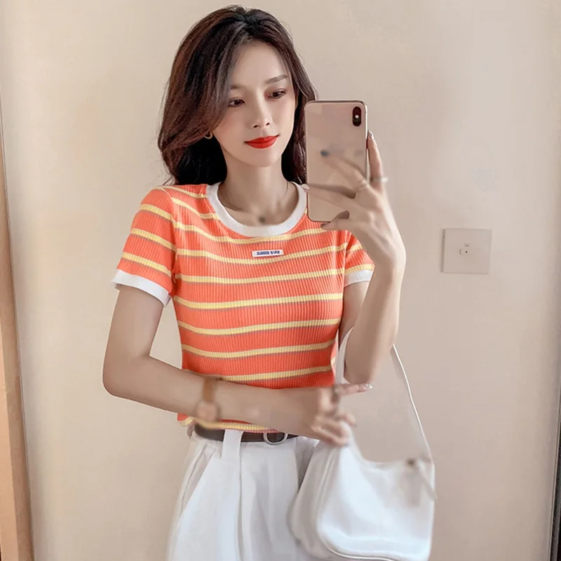 

New Women Striped Summer T-Shirts Casual Knitted Short Sleeve O Neck T-Shirt Tops Female Slim Top