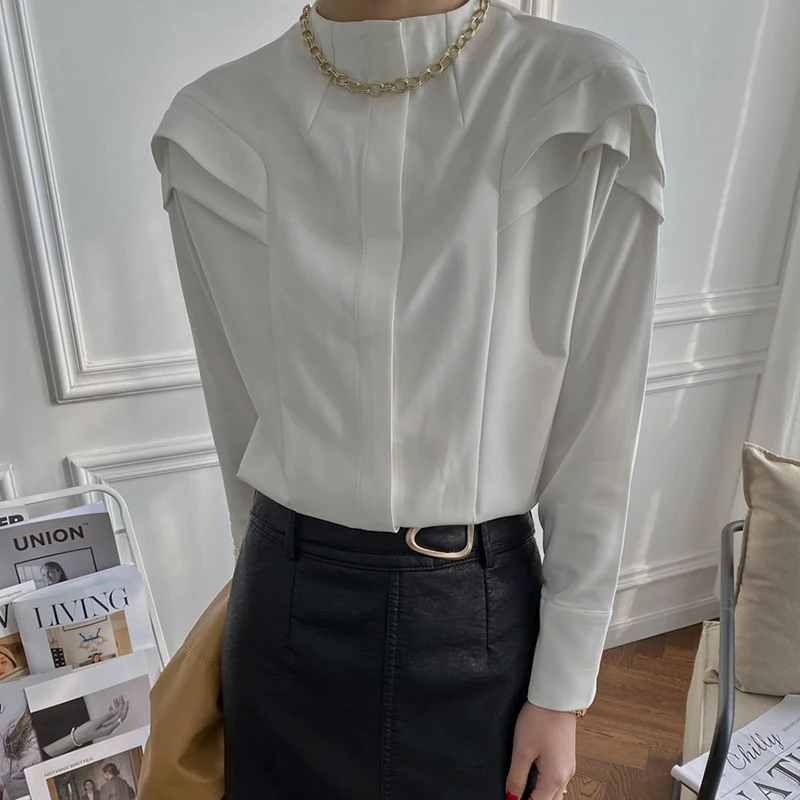 

TWOTWINSTYLE Patchwork Ruched Blouse Shirts For Female Mock Neck Long Sleeve Loose Solid Color Women's Shirt Fashion New