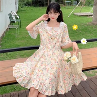 womens summer japanese style sweet lace trim square collar buckle short sleeve high waist fresh floral ruffle lolita dress
