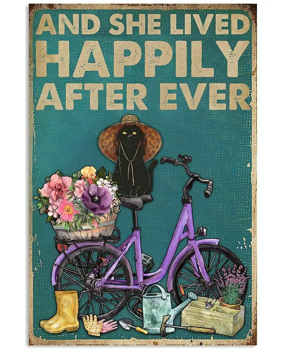 

Black Cat Retro Lived Happily Gardening Vertical Poster 8x12 Inches Retro Vintage Decor Sign Metal Tin Sign Home Bar Wall Decor