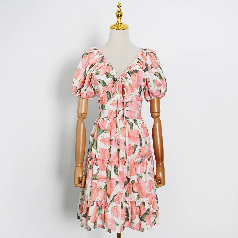 

Vintage Print Dress For Women V Neck Puff Short Sleeve High Waist Midi Dresses Females 2021 Summer Fashion Clothing