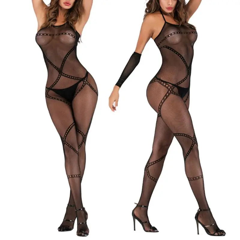

Women Sexy Fishnet Bodystockings Cross Striped Bodysuit Lingerie with Arm Sleeve Q6PB