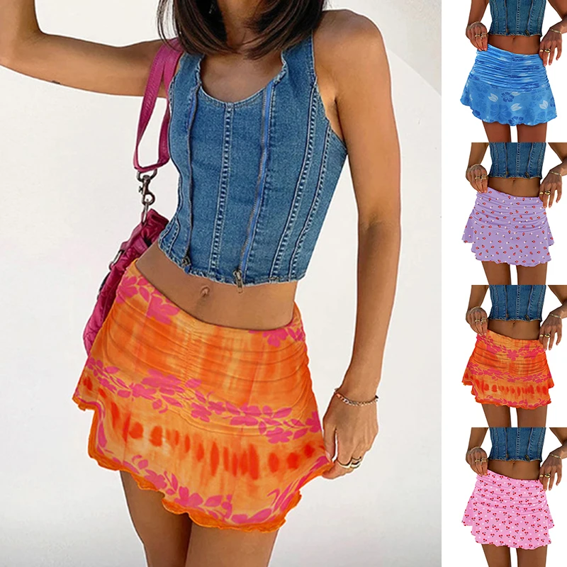 

Women Floral Printed Sundress Summer Mini Hip Skirt Ladies Holiday Beach Skirts Bohemian Pleated Short Skirts Free Shipping