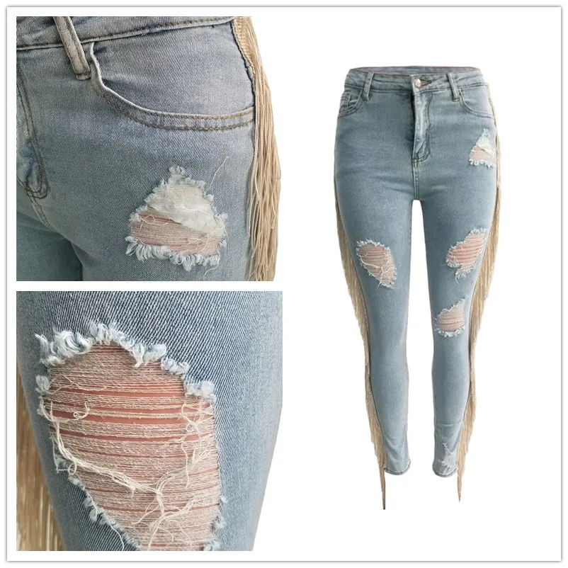 

Casual Distressed Tassel Jeans Women New Autumn Slim High Waist Stretch Holes Denim Pants Female Trousers Streetwear Jeans Pants
