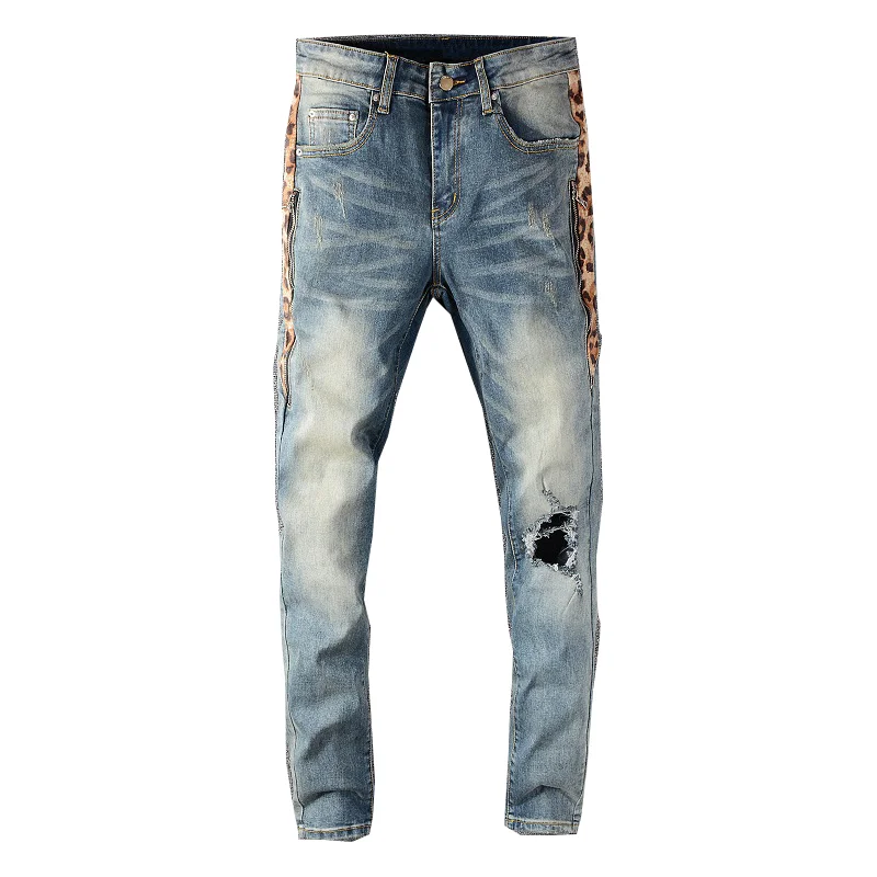 

Men's Leopard Print Patch Hole Jeans Streetwear Slim Fit Skinny Stretch Denim Pants