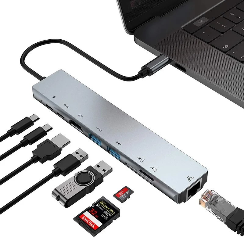 

8 In 1 HUB Adapter Thunderbolt 3 USB C To PD Charging HDMI-compatible 4K 30hz USB 2.0 Micro SD/TF Card Reader for MacBook Pro