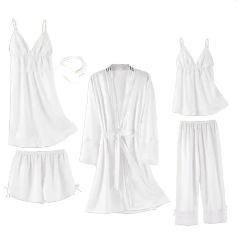 

Пижамный комплект Женский однотонный из 5 предметов, пижама из искусственного шелка с цветочным кружевом, пэчворк, с бантом, ночнушка для от...