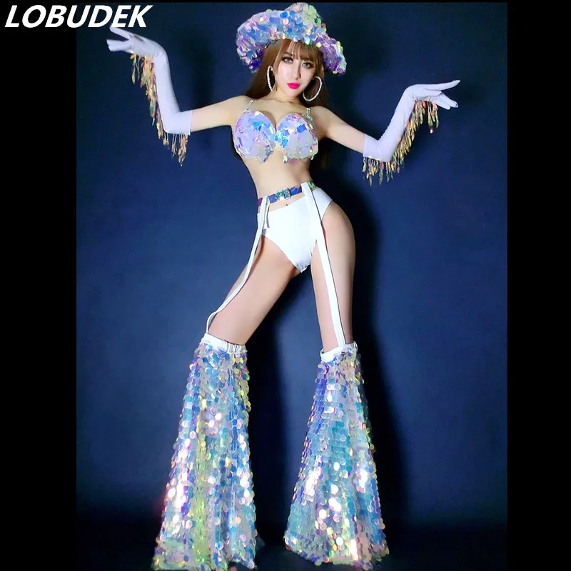 

Sexy Nightclub Bar Stage Wear Glitter Scale Sequins Bikini Tassel Gloves Outfit DJ Singer Leading Dancer Performance DS Costume