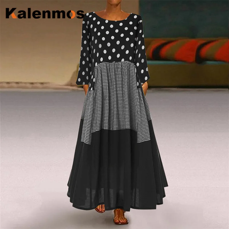 

В винтажном стиле, с длинным рукавом платье для женщин Весна в горошек летнее лоскутное повседневное свободное уличная вечерние пляжные ра...