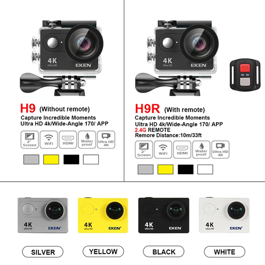 Pаспродажа Оригинальная Экшн-камера Eken H9R H9 Ultra HD 4K, 30 м, водонепроницаемый экран 2,0 дюйма, 1080p, Спортивная камера Go Extreme Pro