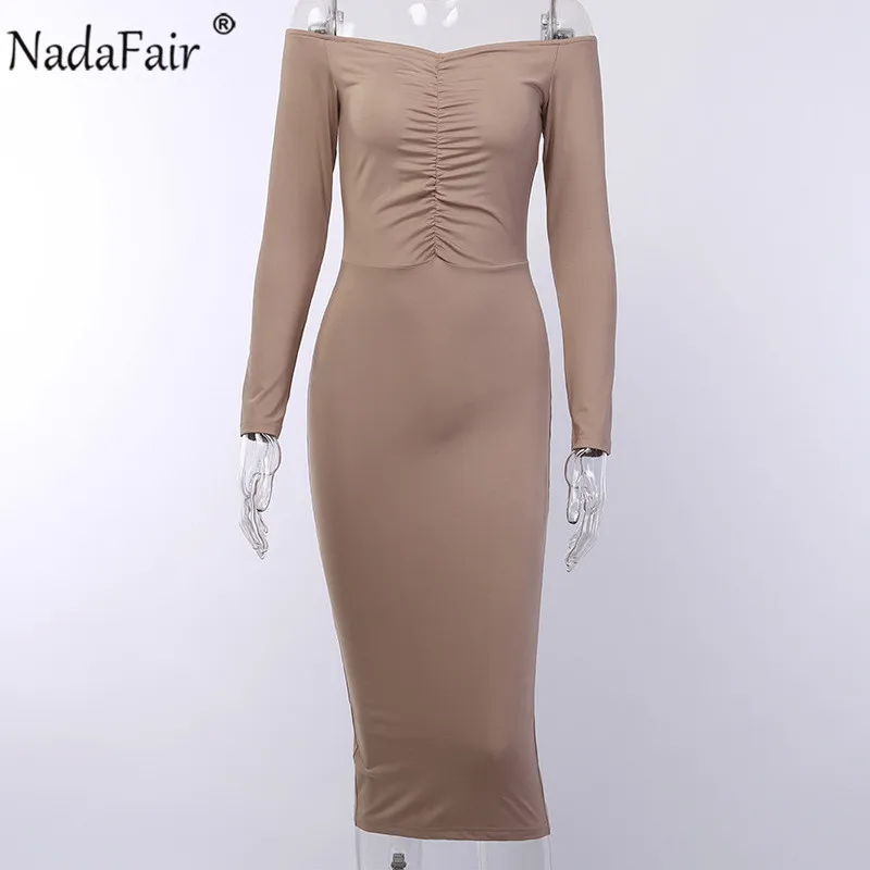 Nadafair, сексуальное платье с открытыми плечами, женское, осеннее, с длинным рукавом, базовое, эластичное, облегающее, миди, зимнее платье, черное