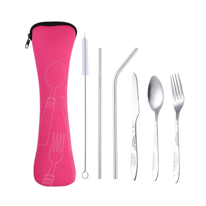 6pcs rose red Hifuar 3 шт./компл. Нержавеющая сталь набор посуды для располагаться лагерем перемещения столовый набор из вилок ужин посуда Чехол комплект с матерчатые мешки - Цвет: 6pcs rose red