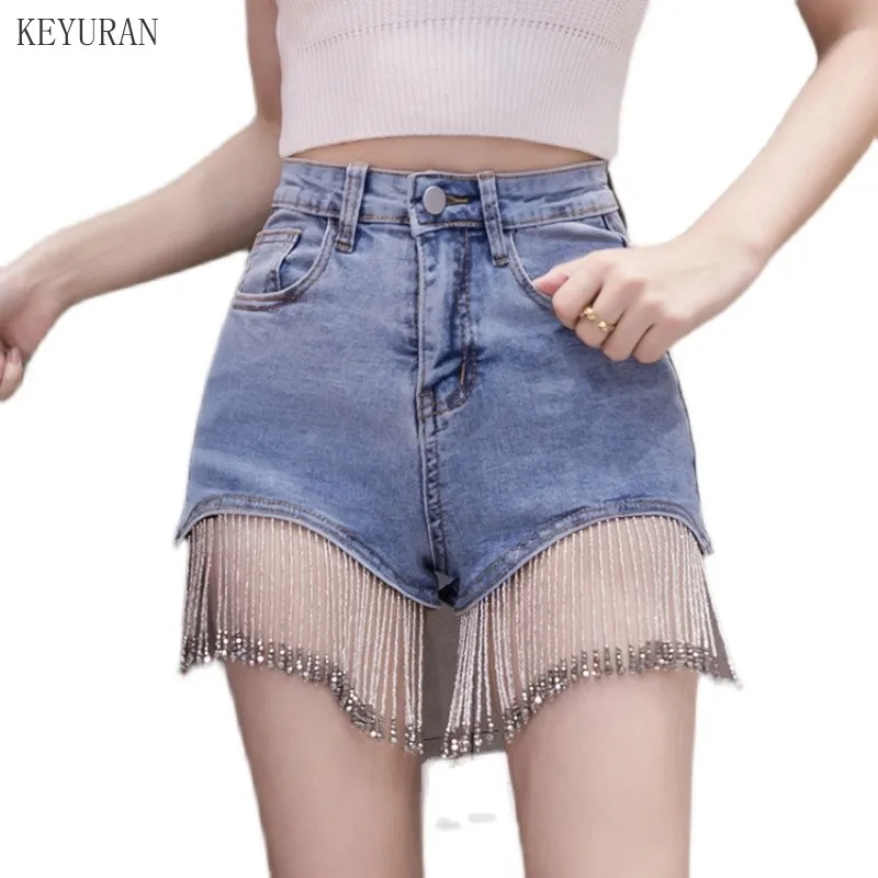 

Streetwear 2021 Summer New Hem Rhinestone Chain Tassel Shiny Nightclub Shorts Female Jeans Fashion High Waist Denim Shorts Blue