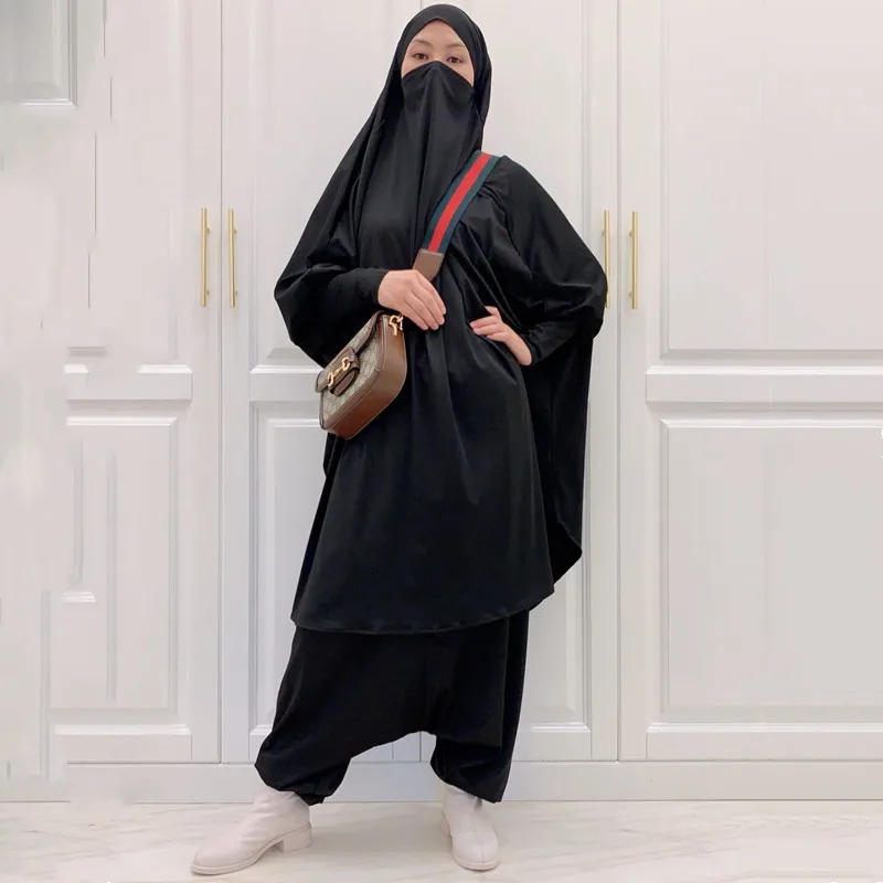 

Muslim Hooded Prayer Garment Jilbab Abaya Long Khimar Ramadan Gown Abayas Pants Sets femme musulman 2 pieces Islam Clothes Niqab
