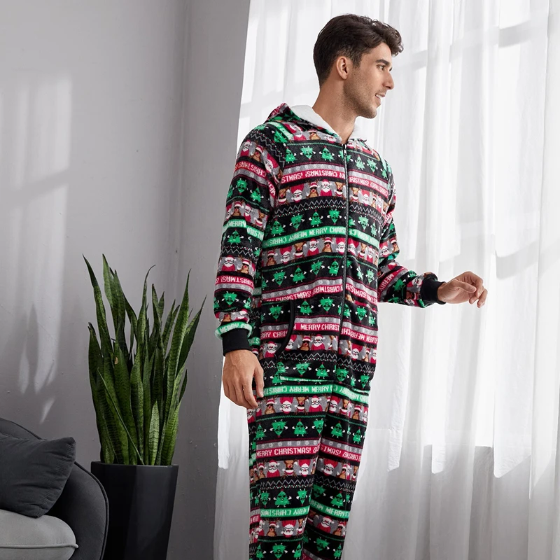 Winter Flannel Warm Sleepwear 2021 New Christmas Print One-piece Men's Pajamas Set Homewear
