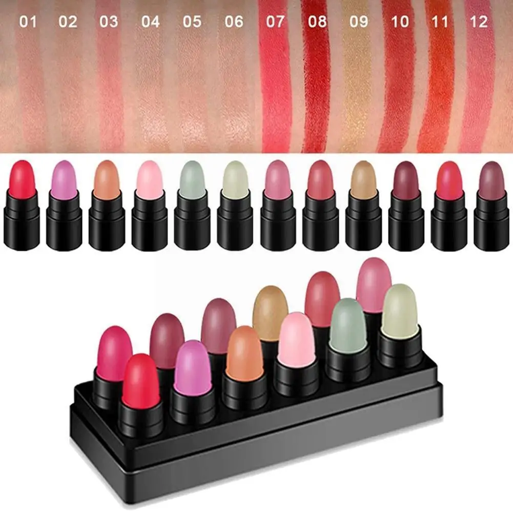 

12 Color Velvet Matte Lipsticks Pencil Set Waterproof Non-Stick Red Stick Sexy Lip Cosmetic Pen Lip Cup Tint Makeup Kit H8C4