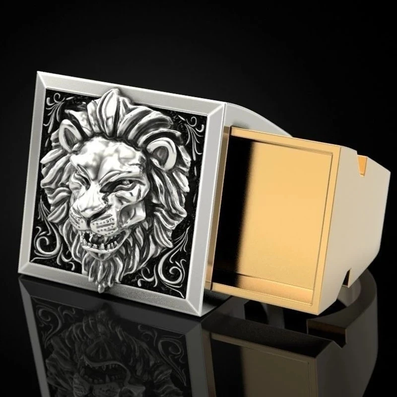 

2 in1 Two Tone Lion King Rings For Men Compartment Coffin Storage Ring Domineering Hip Hop Punk Party Jewelry Viking Pirate Ring