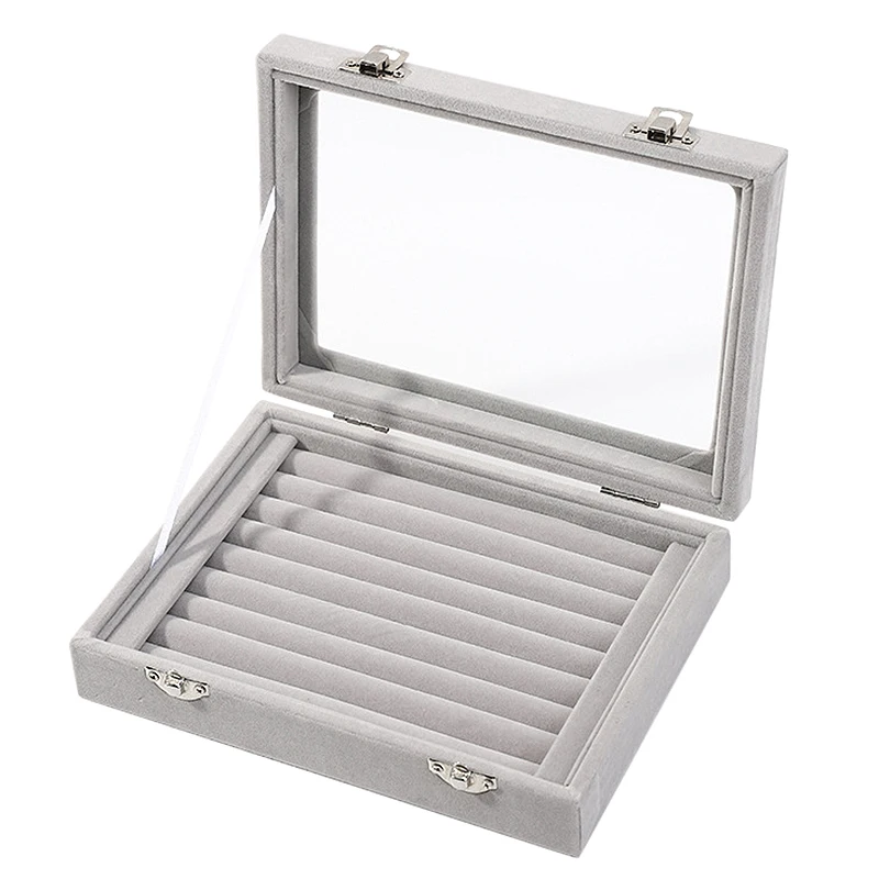 

Velvet Glass Ring Earring Jewelry Display Organizer Box Tray Holder Storage Case